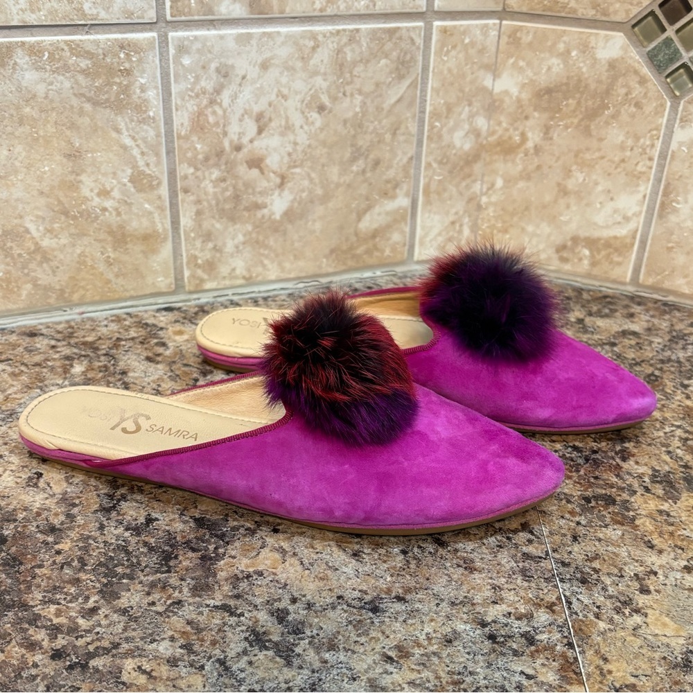 Yosi Samra VIDI Pom Fuchsia Suede Mules Size 6